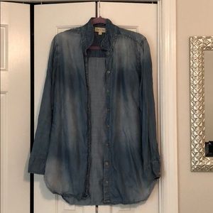 Distressed button down blue long sleeve shirt